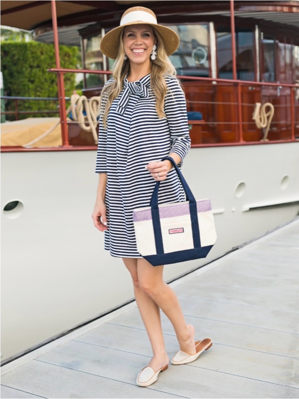 Vineyard Vines Black and White Striped Bow-Neck Tunic dress Size Large $148